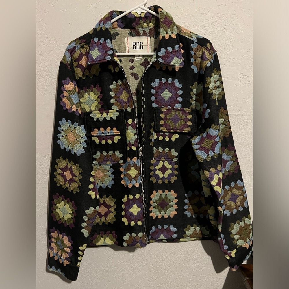 Urban Outfitters BDG unisex Jacquard
Granny Square Zip Shirt Jacket